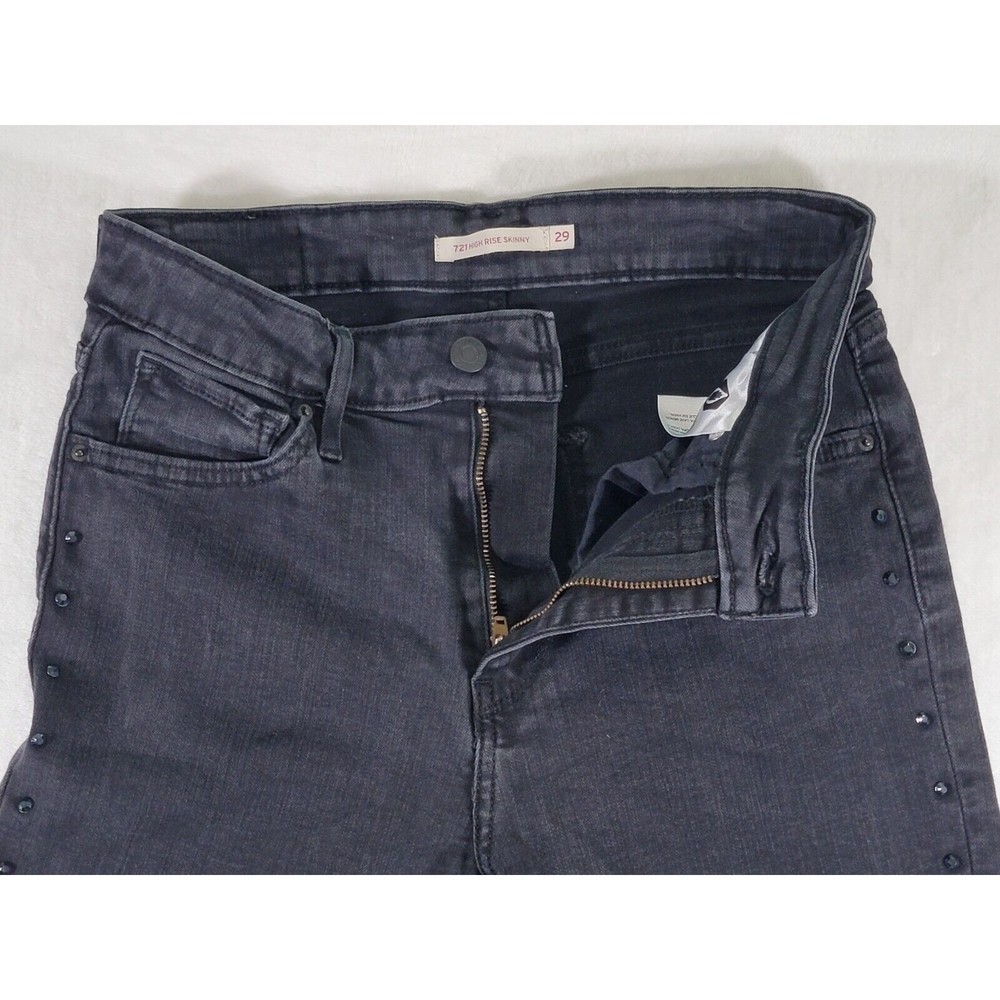 Levis 721 High Rise Skinny Stretch Jeans Size 29 Black Denim Rhinestone Stripe - Picture 4 of 16